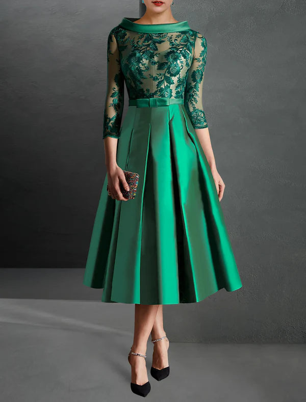 Luolandi A-Line Cocktail Dress Christmas Red Green Dresses Formal Kentucky Derby Tea Length 3/4 Length Sleeve Jewel Neck Fall Wedding Guest Satin with Pleats Mother of the Bride Dress